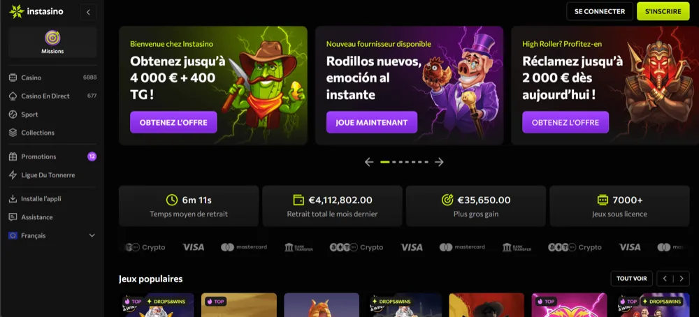 Instasino -- 420 % Jusqu'à 4 000 € + 400 FS homepage retrait neosurf casino