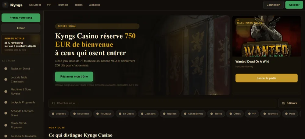 Kyngs -- 100 % Jusqu'à 500 € + 100 FS homepage retrait neosurf casino