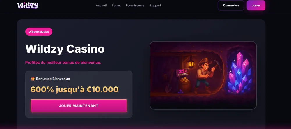 Wildzy -- 600 % Jusqu'à 10 000 € Sur 4 Versements homepage casino avec neosurf